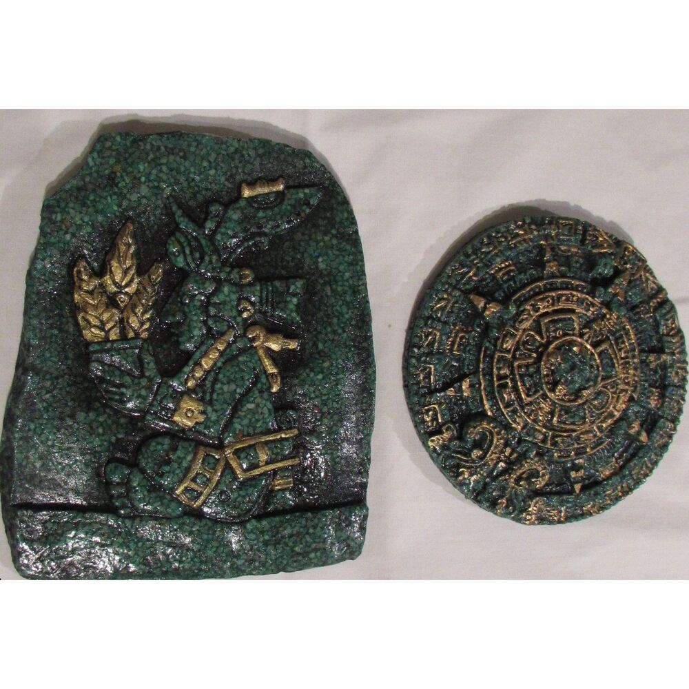 Mayan Aztec Mexican Warrior and Calendar crushed malachite stone gallery wall 2